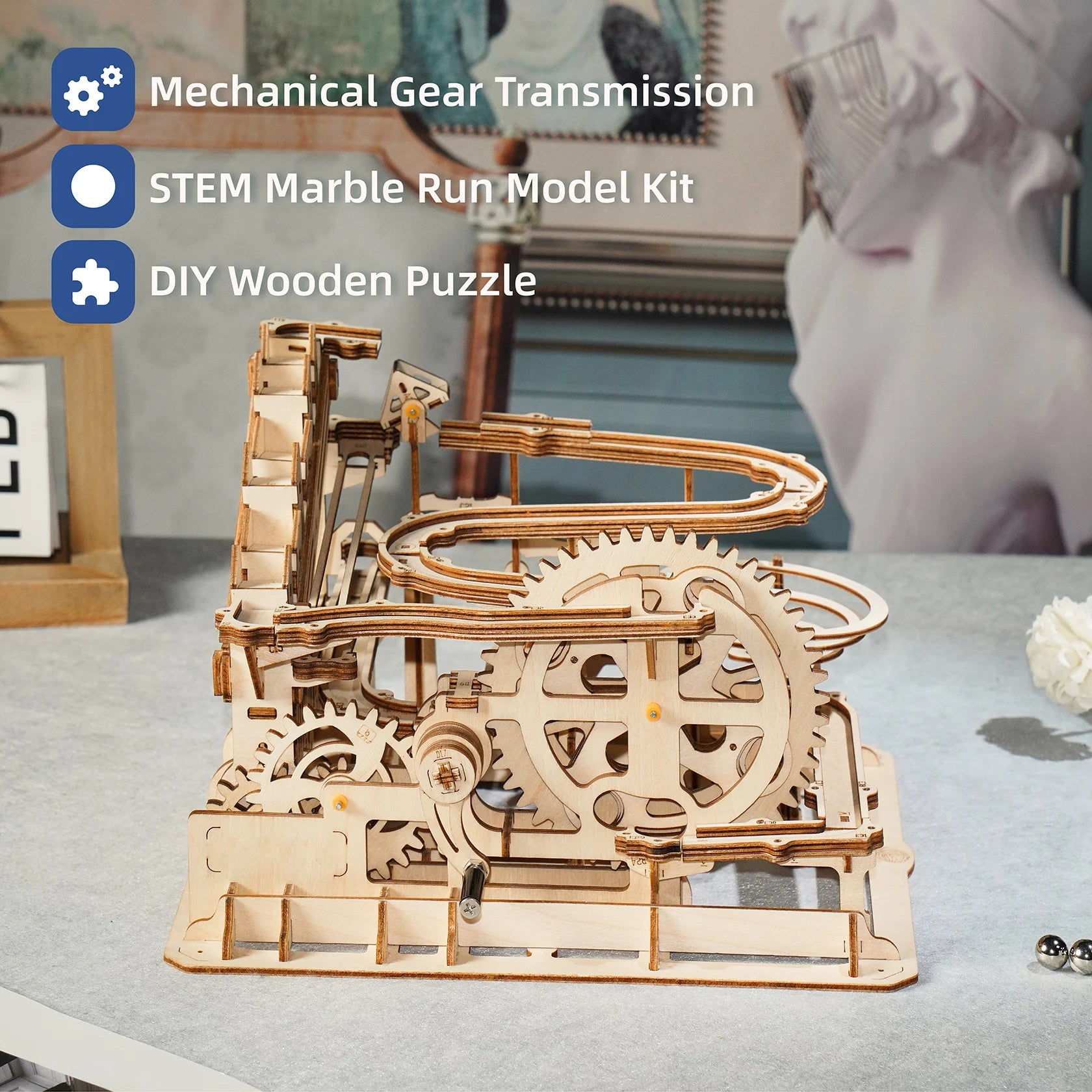 ROKR Wooden 3D Puzzle Marble Parkour Big Funnel Marble Run DIY Roller Coaster Toys Model Building Kit Gift for Adults Kids